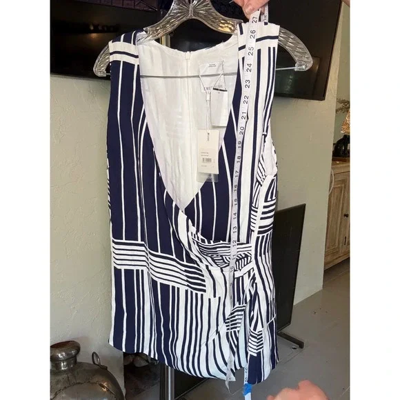 NWT C/MEO COLLECTIVE Night Air Top Navy Grid Geometric Stripe Wrap Blouse Small - Picture 6 of 8